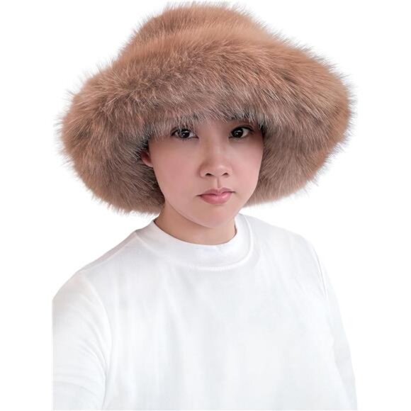 Oversized Winter Faux Fur Bucket Hat for Women Camel - Picture 2 of 5